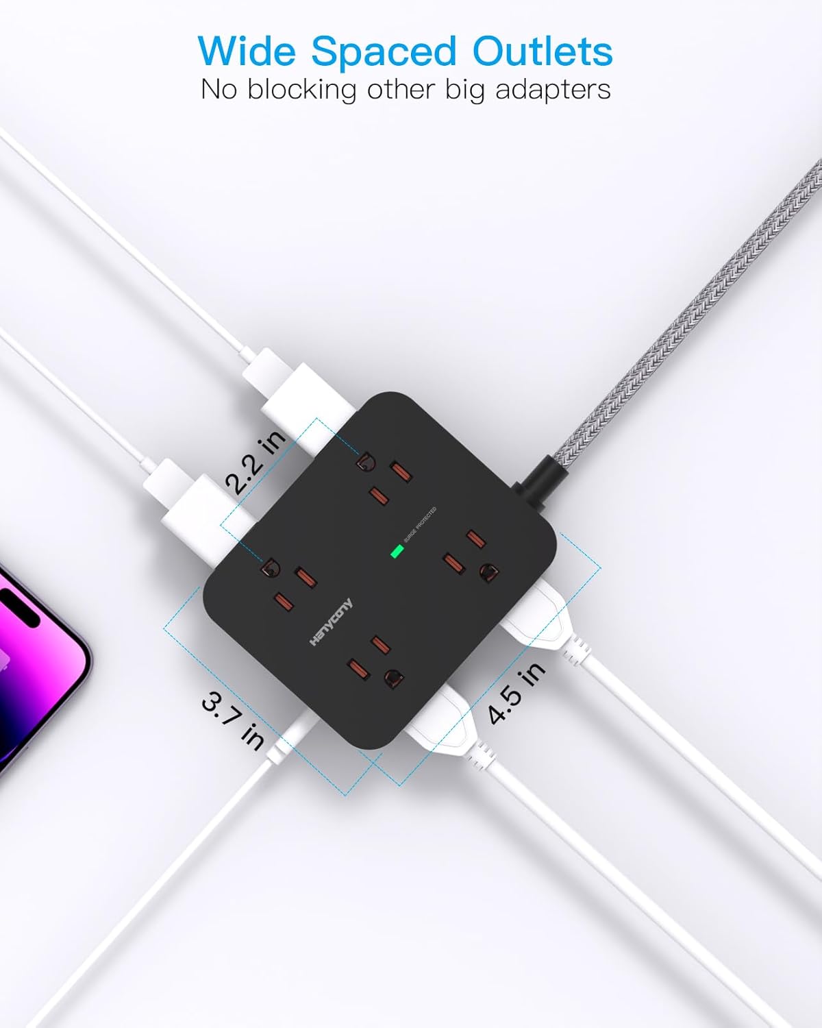 Power Strip Surge Protector,  8 Outlets with 4 USB Charging Ports(2 USB C), 3 Side Outlet Extender with 5 Ft Extension Cord, Flat Plug, Wall Mount, Desk Charging Station for Home Office ETL