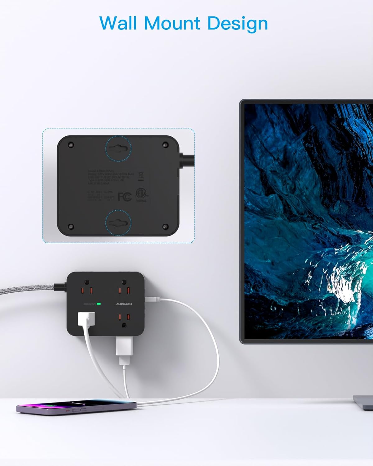 Power Strip Surge Protector,  8 Outlets with 4 USB Charging Ports(2 USB C), 3 Side Outlet Extender with 5 Ft Extension Cord, Flat Plug, Wall Mount, Desk Charging Station for Home Office ETL