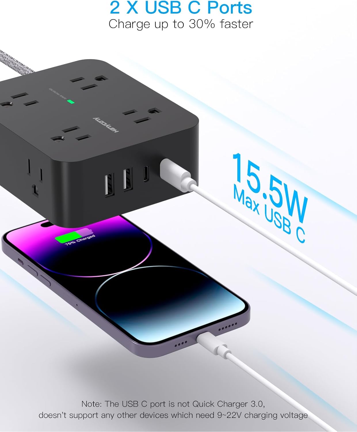 Power Strip Surge Protector,  8 Outlets with 4 USB Charging Ports(2 USB C), 3 Side Outlet Extender with 5 Ft Extension Cord, Flat Plug, Wall Mount, Desk Charging Station for Home Office ETL