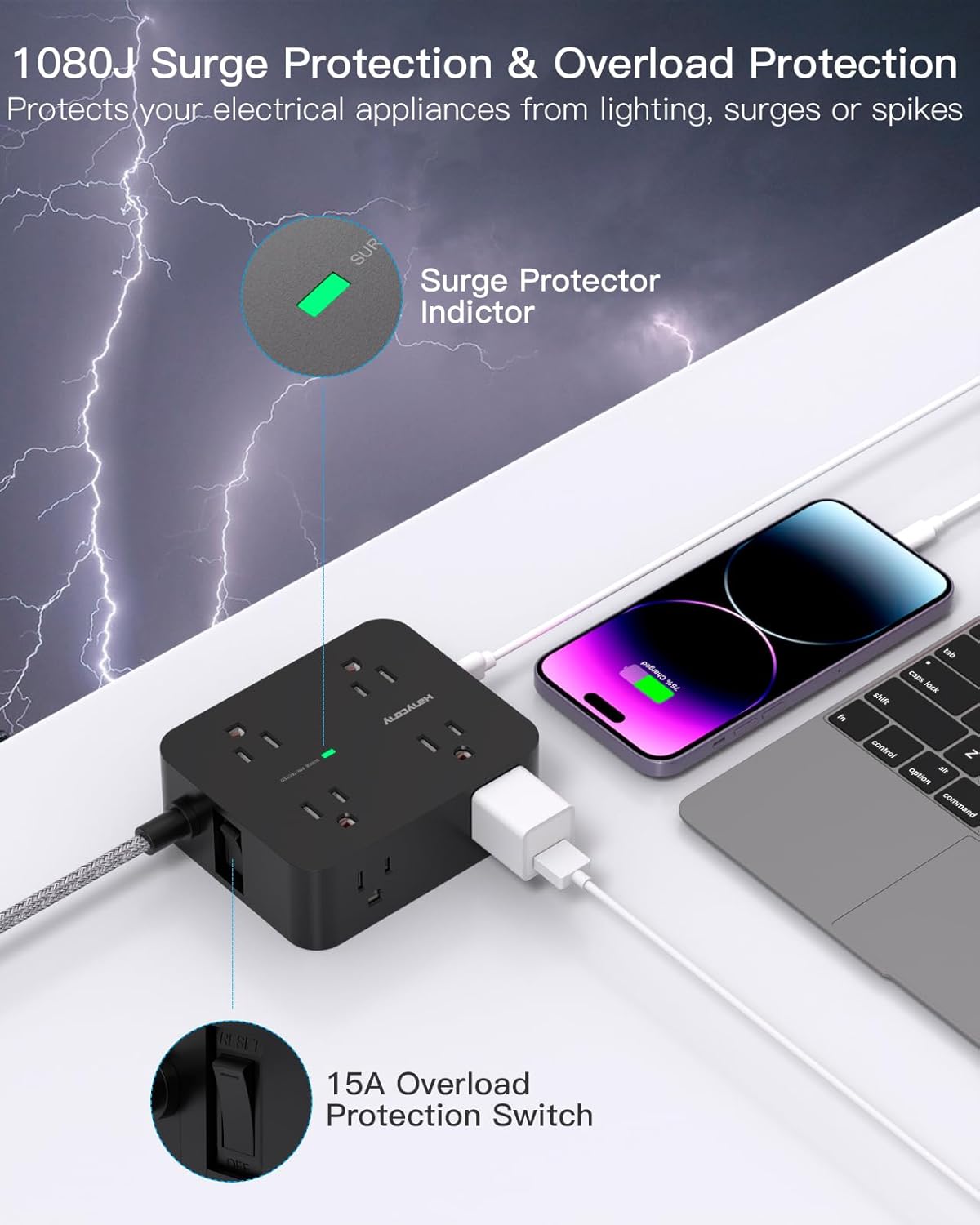 Power Strip Surge Protector,  8 Outlets with 4 USB Charging Ports(2 USB C), 3 Side Outlet Extender with 5 Ft Extension Cord, Flat Plug, Wall Mount, Desk Charging Station for Home Office ETL