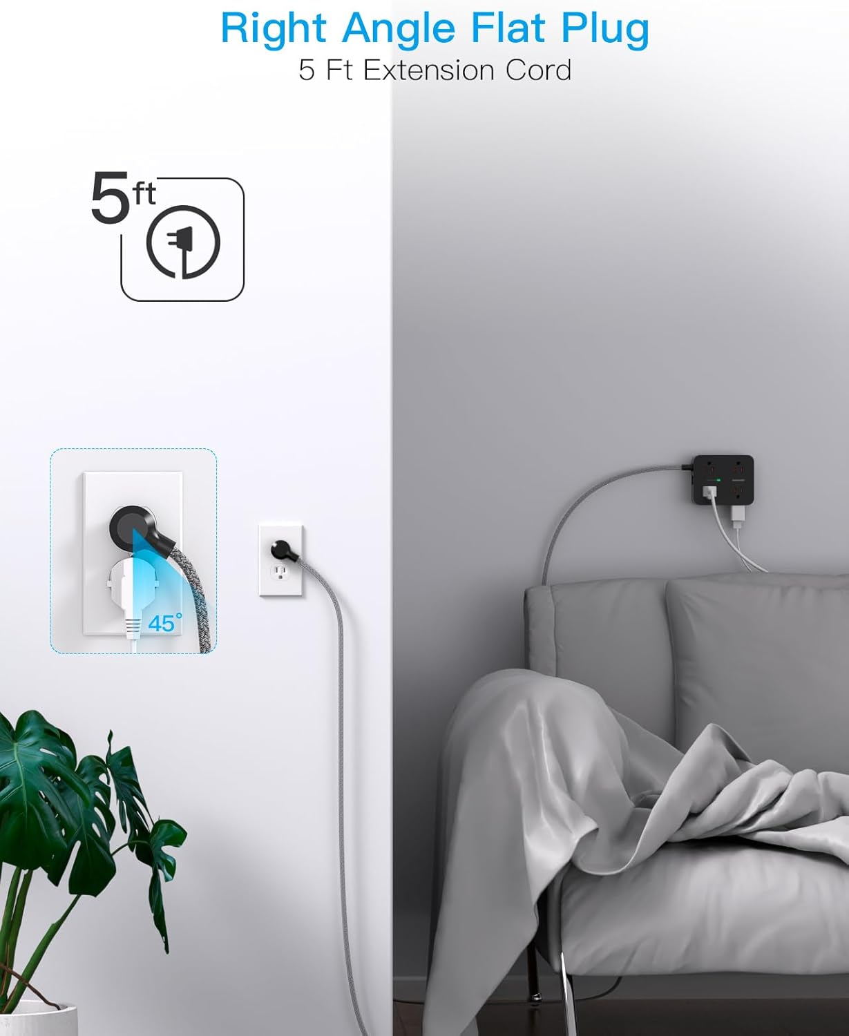 Power Strip Surge Protector,  8 Outlets with 4 USB Charging Ports(2 USB C), 3 Side Outlet Extender with 5 Ft Extension Cord, Flat Plug, Wall Mount, Desk Charging Station for Home Office ETL