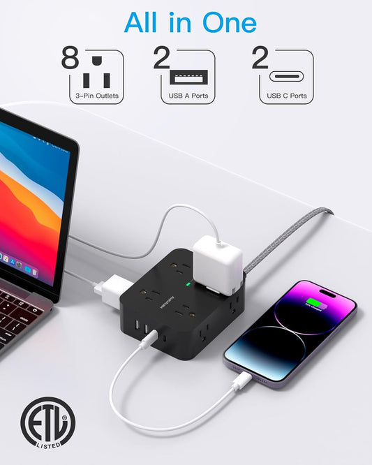 Power Strip Surge Protector,  8 Outlets with 4 USB Charging Ports(2 USB C), 3 Side Outlet Extender with 5 Ft Extension Cord, Flat Plug, Wall Mount, Desk Charging Station for Home Office ETL